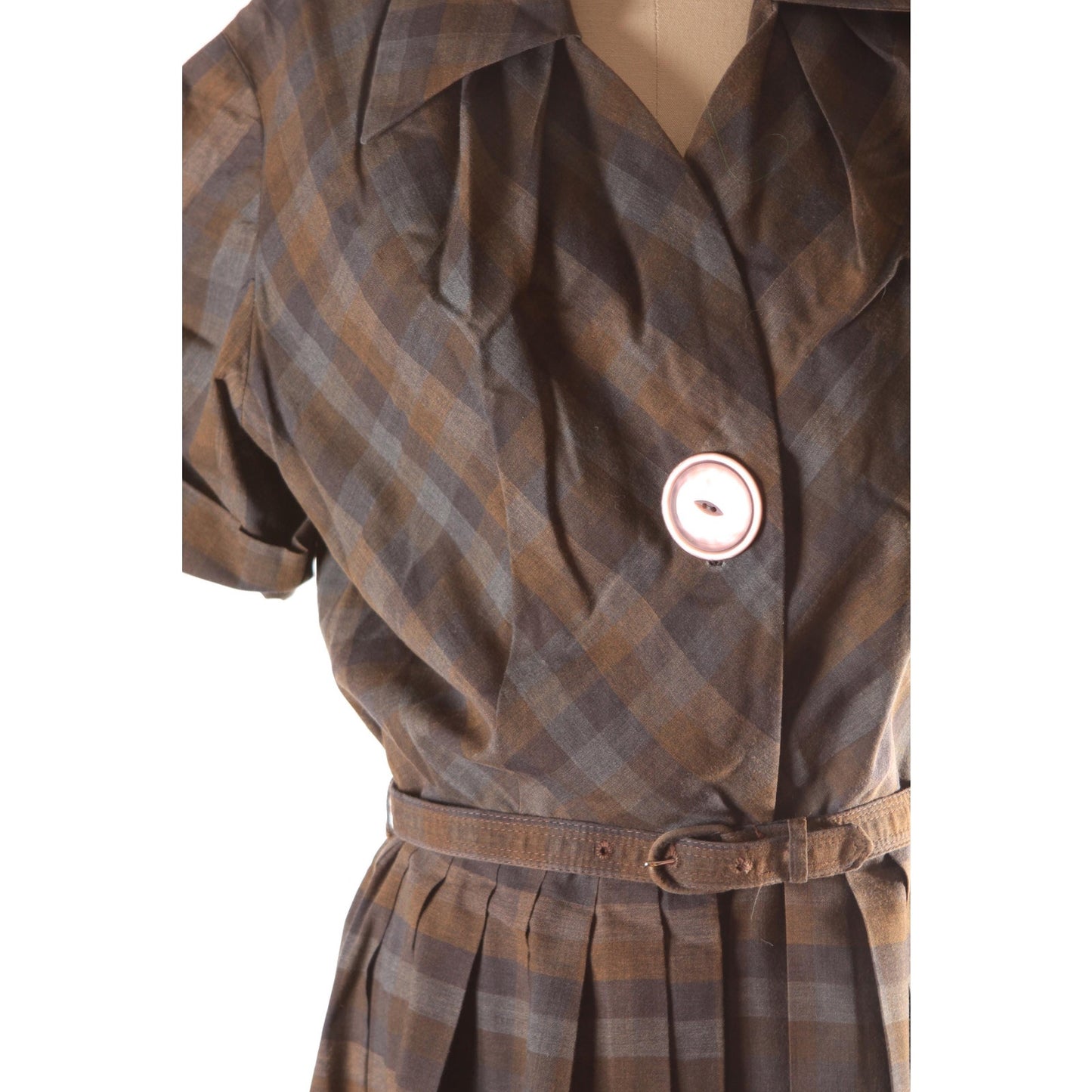 1950s Brown and Gray Plaid Oversized Button Short Sleeve Fit and Flare Belted Dress by Fashionmaker -M