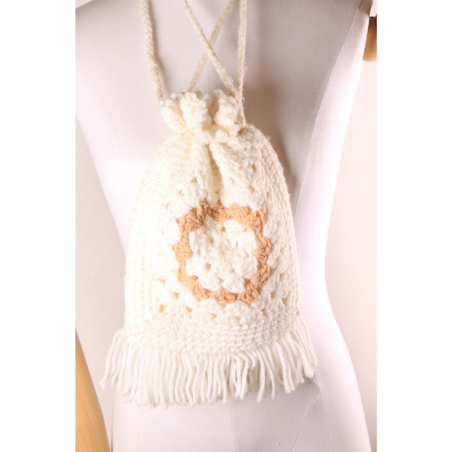 1970s White and Tan Granny Square Crochet Drawstring Fringe Purse Bag