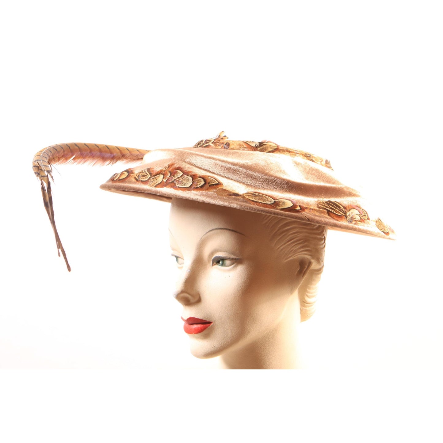 1940s Brown Velvet Pheasant Feather Wide Brim Hat by Win Wagoner