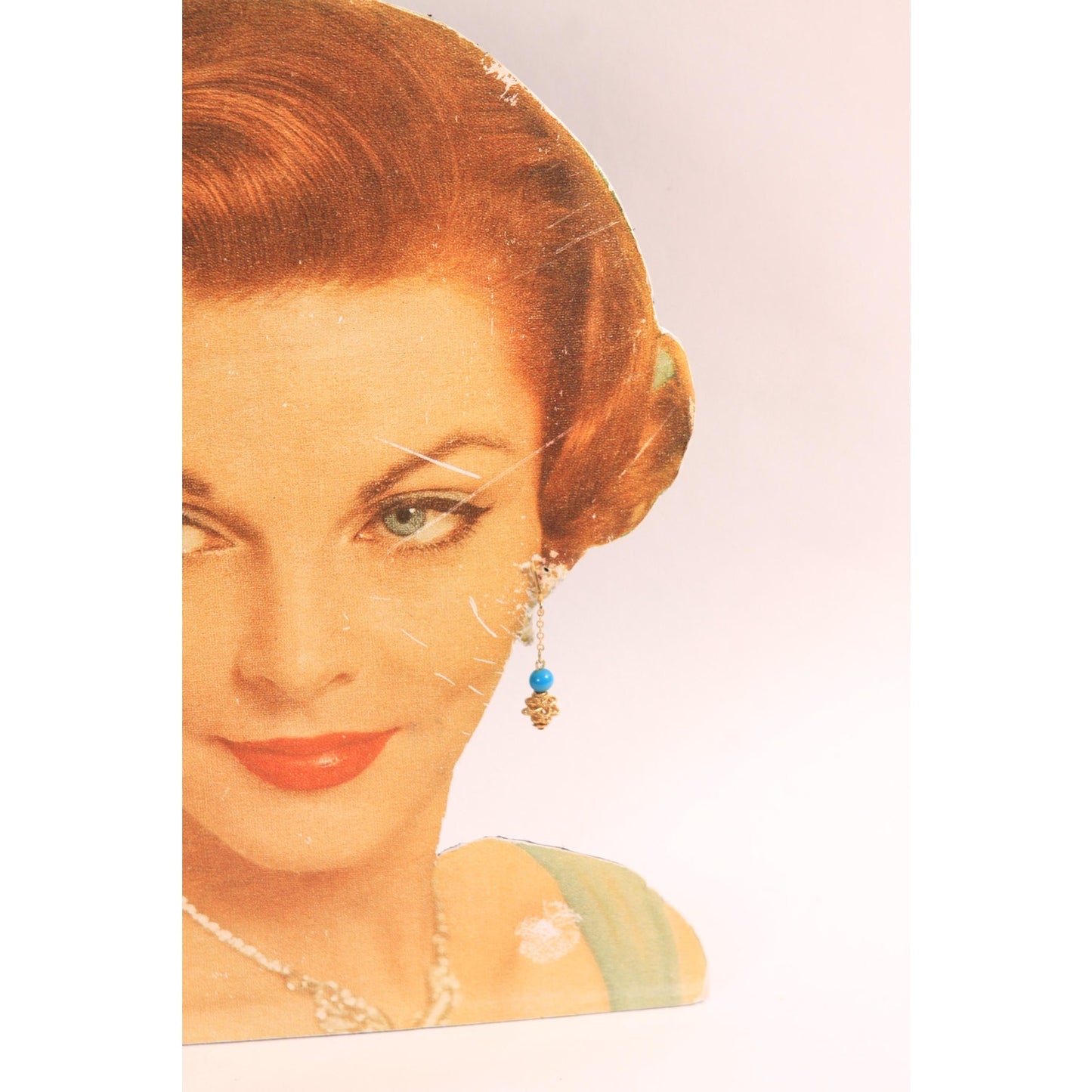 1950s Gold Tone Metal and Blue Beaded Dangling Clip On Earrings