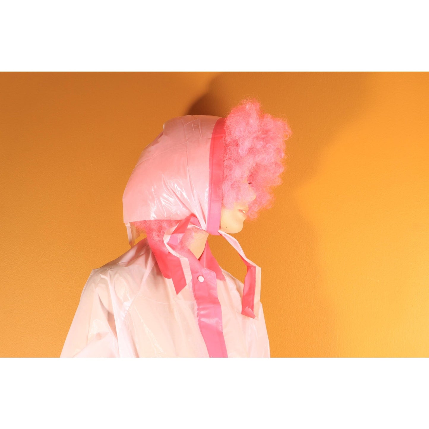 Deadstock 1950s Two Tone Pink Metal Snap Belted Raincoat with Matching Rain Bonnet -S