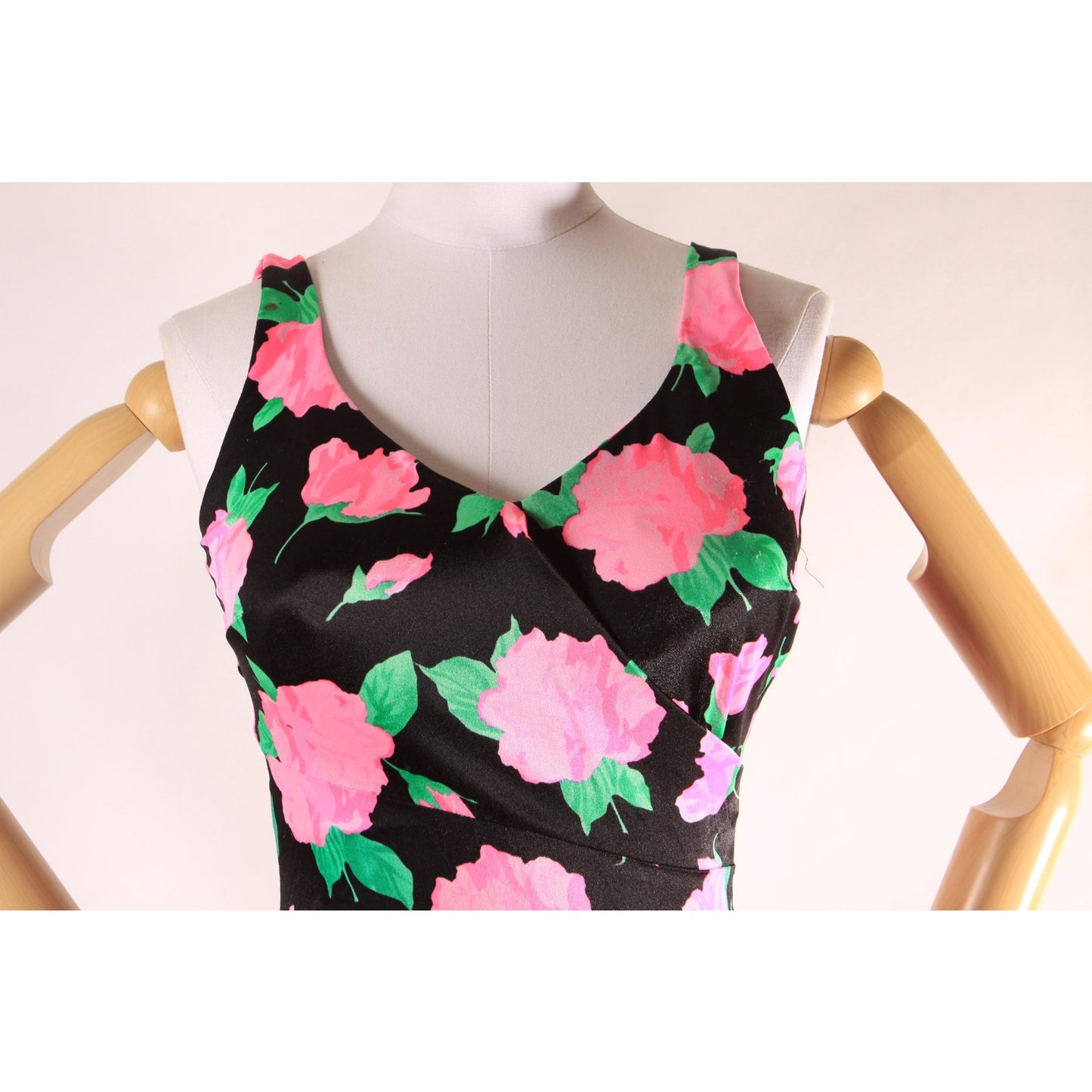 1970s 1980s Black, Pink and Green Floral One Piece Swimsuit by Maxine of Hollywood -M-L