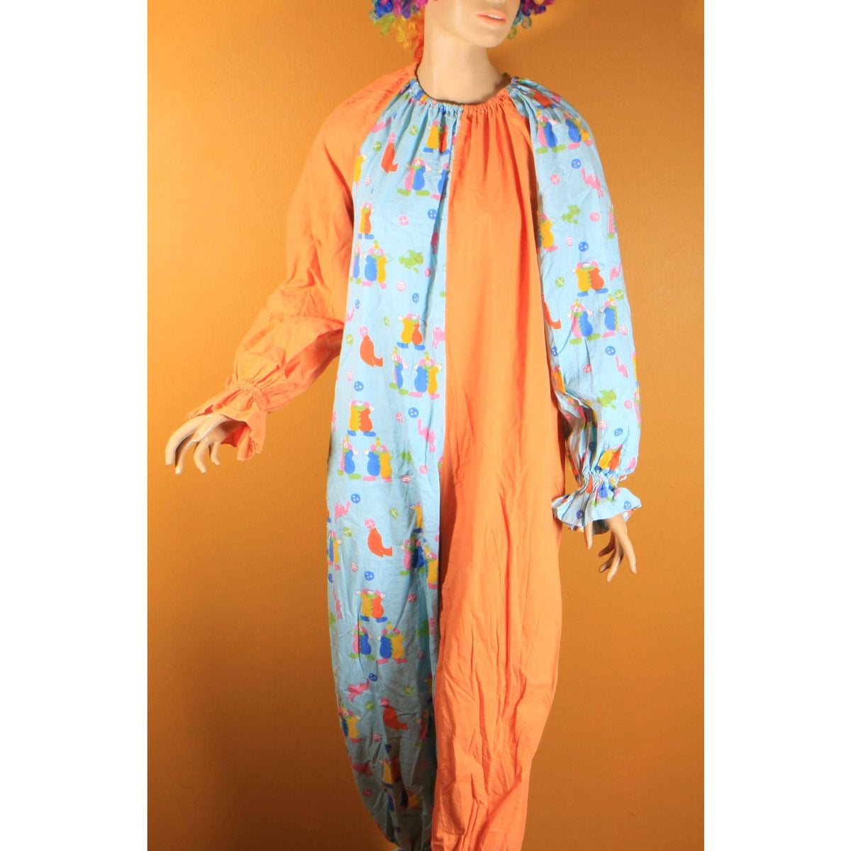 1960s Orange Blue Multi-Colored Novelty Clown Circus Print One Piece Clown Costume