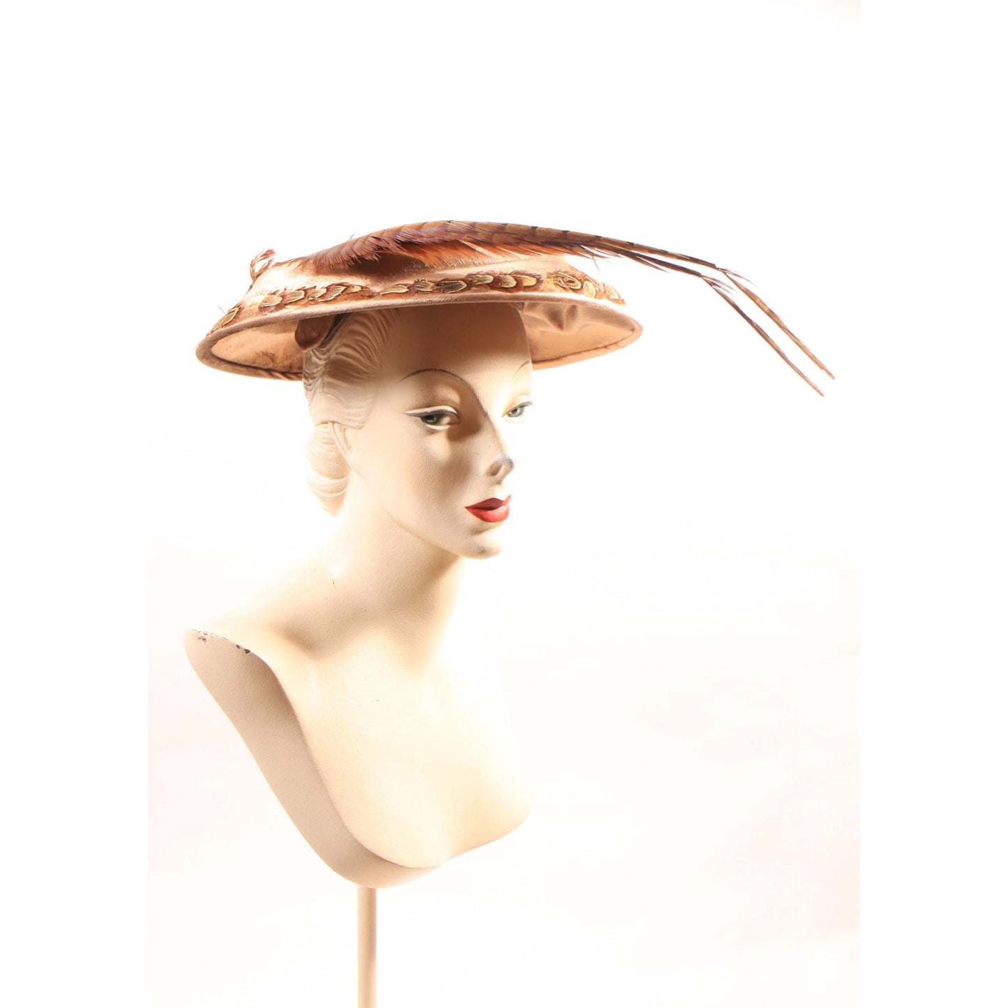 1940s Brown Velvet Pheasant Feather Wide Brim Hat by Win Wagoner