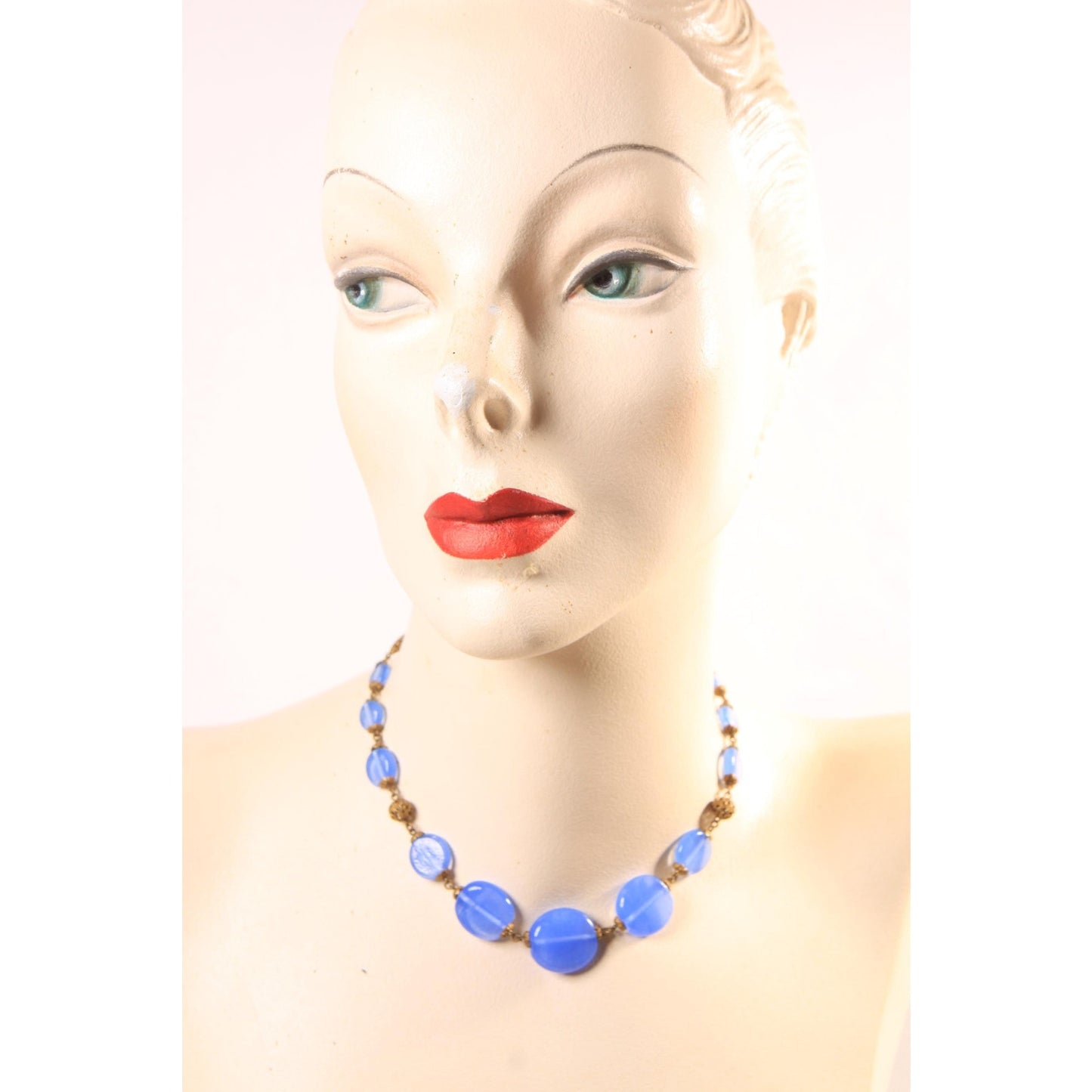 1940s 1950s Periwinkle Purple Blue Circle Disc Glass and Brass Metal Beaded Necklace