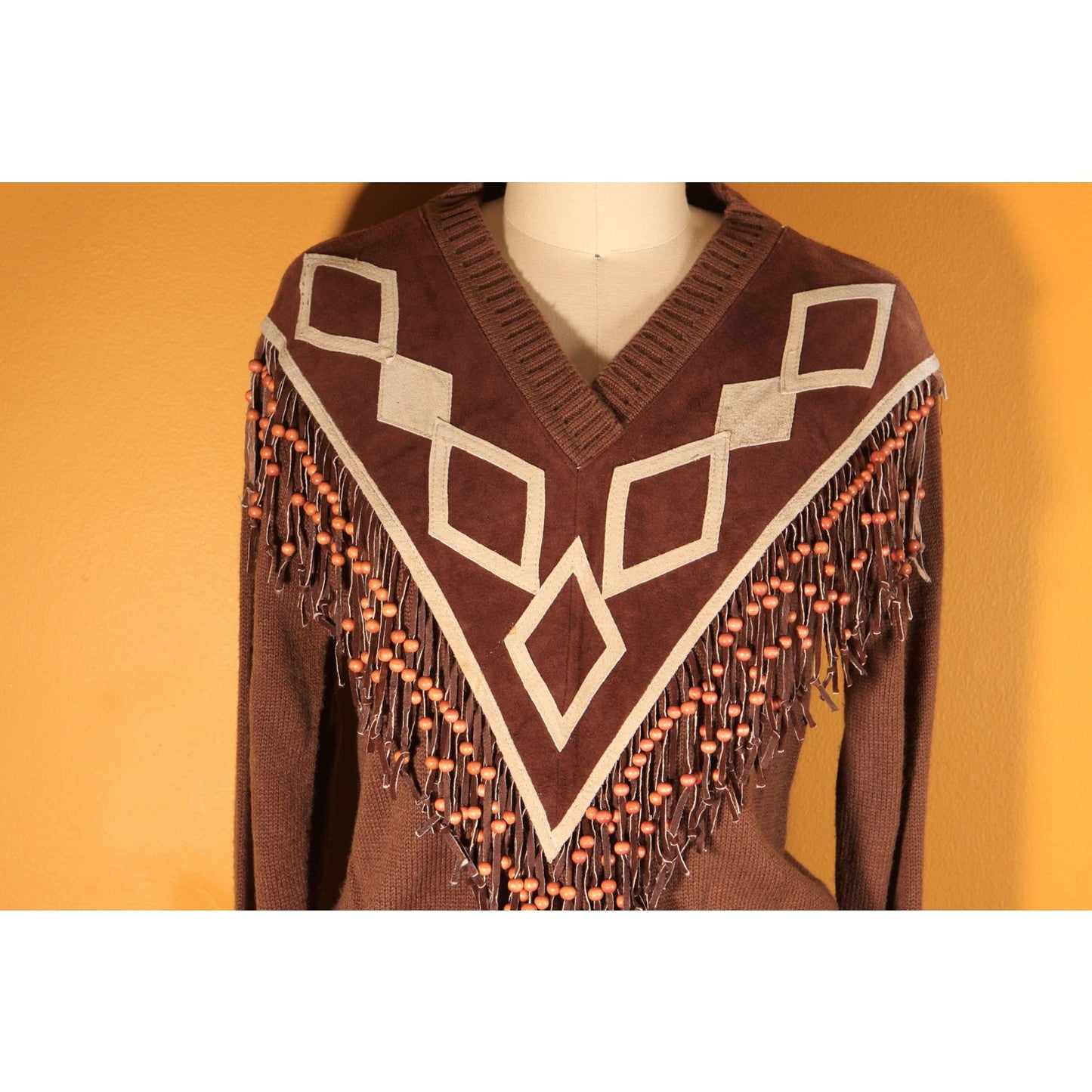 1970s Brown Suede Leather Fringe Beaded Pullover Sweater by Miller Miller Miller -L