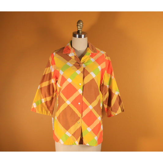 1960s Yellow, Orange, Green and Brown Plaid 3/4 Length Sleeve Button Down Blouse by MLM -L-XL