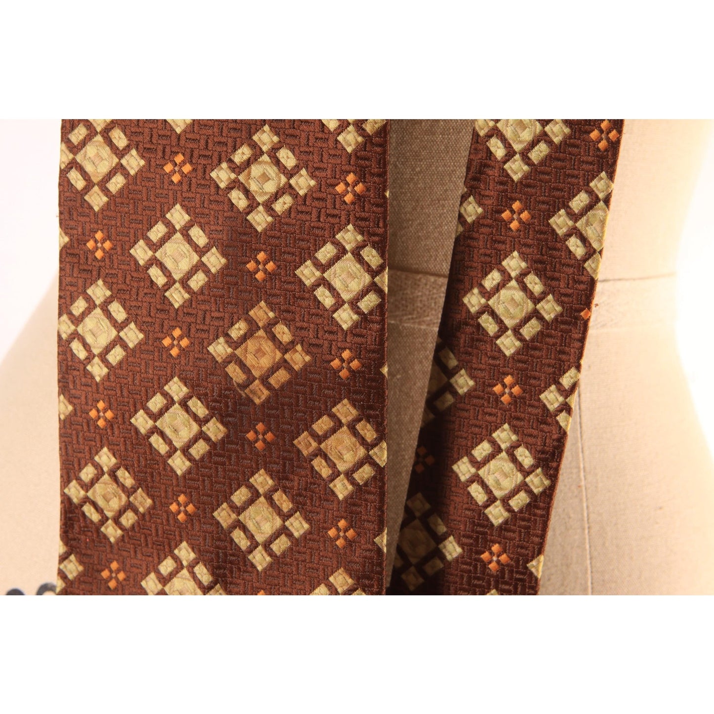 1970s Brown and Tan Geometric Wide Necktie Tie by Leonardo