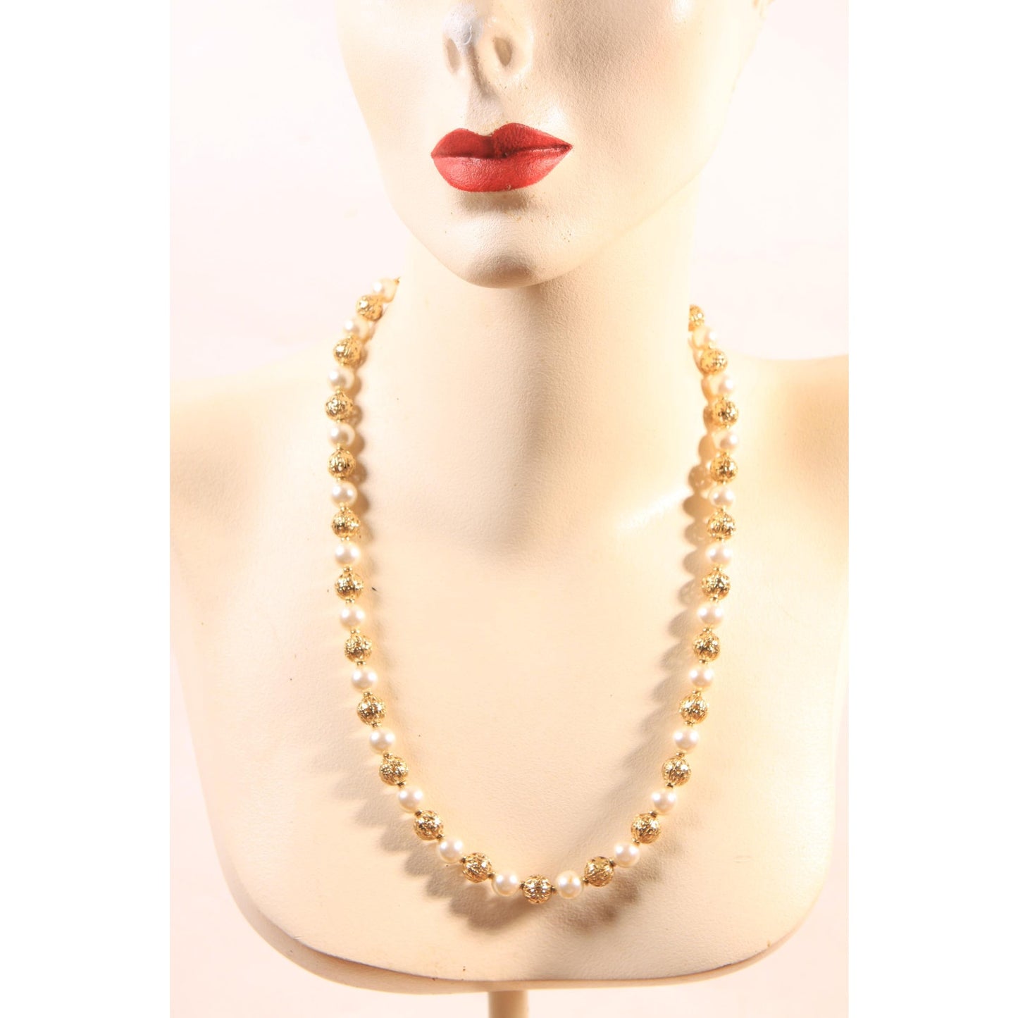 1960s Faux Pearl and Gold Tone Metal Beaded Necklace by Napier