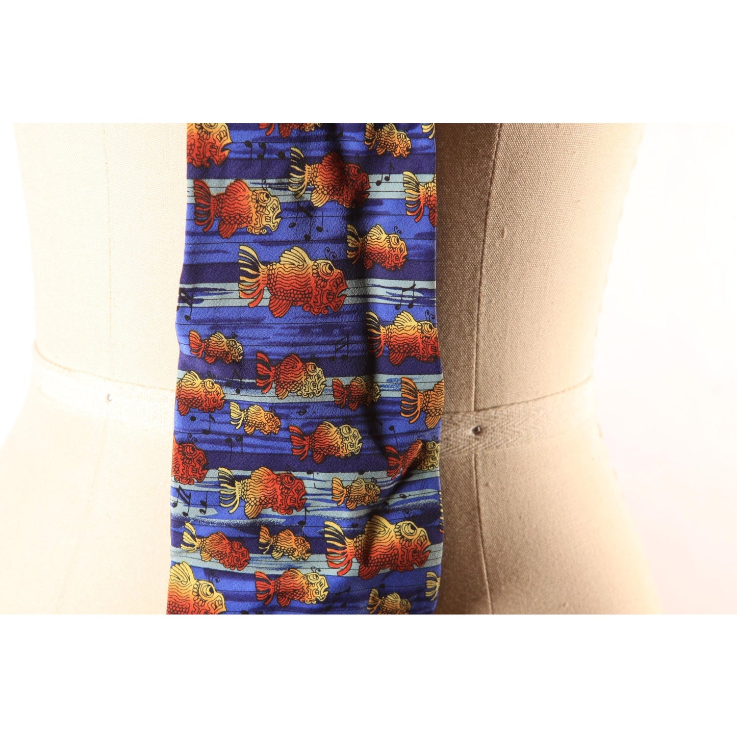 1980s 1990s Blue and Orange Novelty Fish Music Musical Note Necktie by J. Garcia