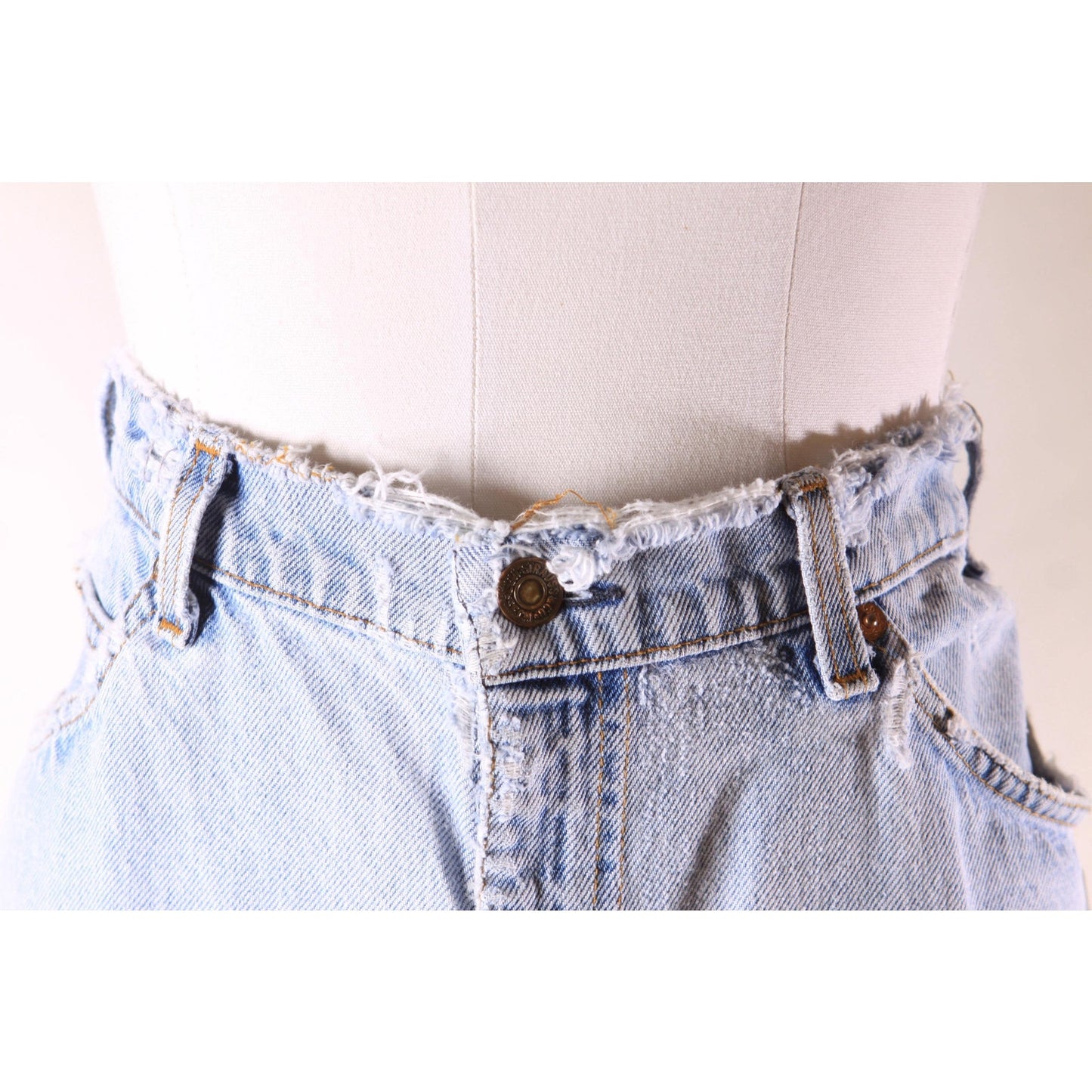 1980s Distressed Patch Fraying Blue Denim Orange Tab 517 Jeans by Levi's -38x29