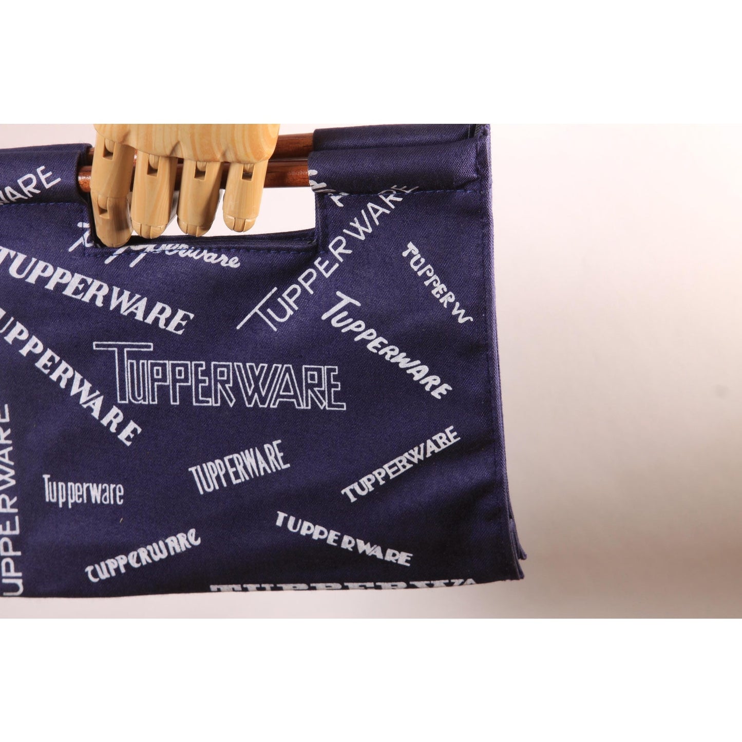 Deadstock 1970s Navy Blue and White Novelty Tupperware Advertisement Wood Top Handle Purse Bag