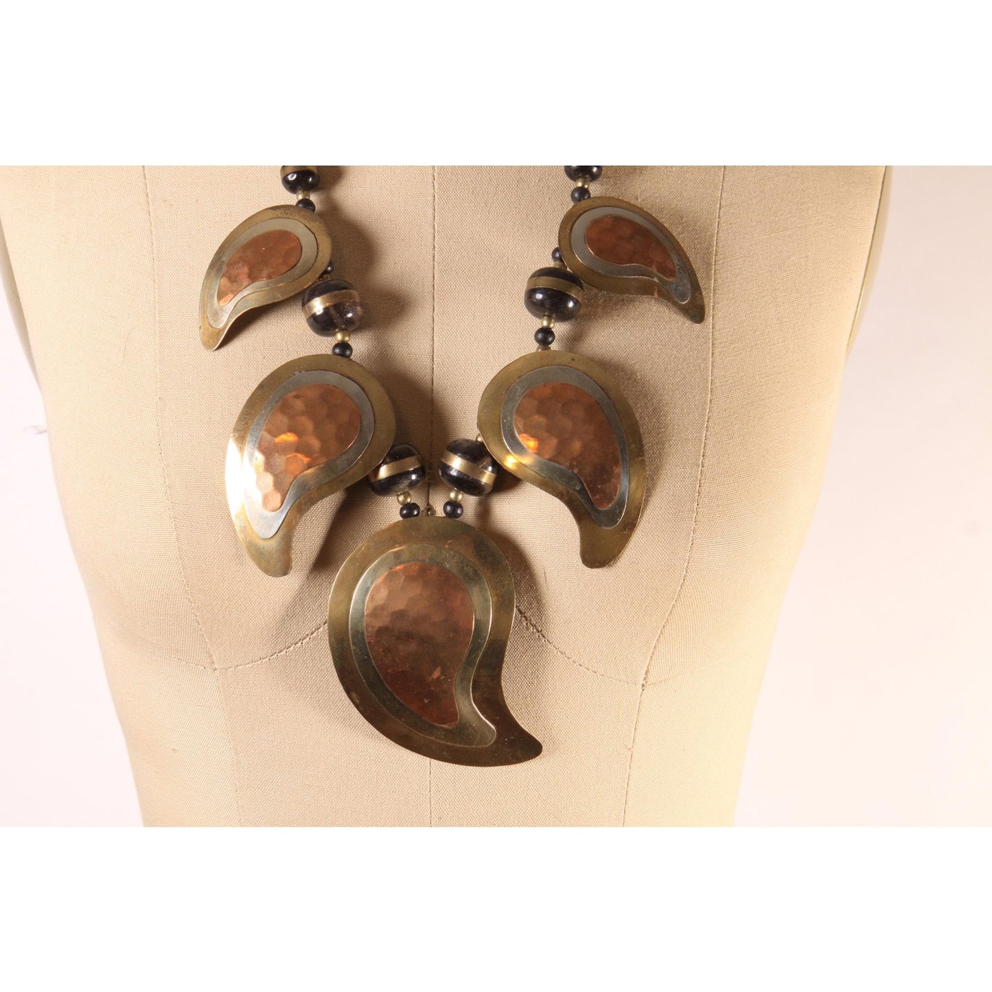 Late 1970s Copper and Brass Metal Hammered Beaded Paisley Shape Boho Oversized Chunky Necklace