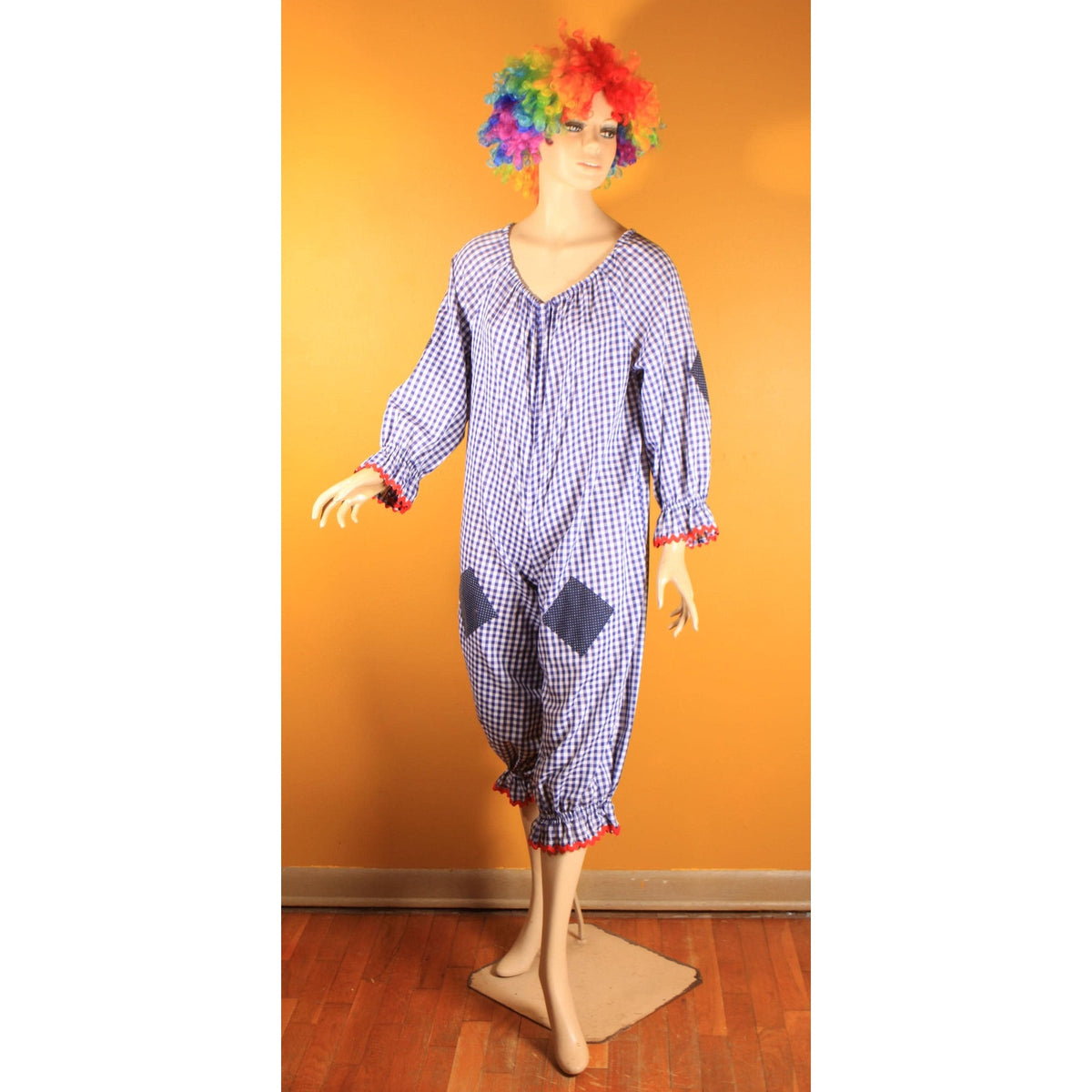 1960s 1970s Blue, White and Red Ric Rac Trim Patchwork Polka Dot One Piece Childs or Preteen Clown Costume