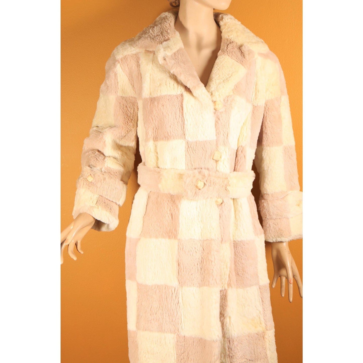 1960s Light Pink and White Sheared Dyed Chinchilla Fur Checkerboard Mod Belted Coat by Famous Barr -M-L