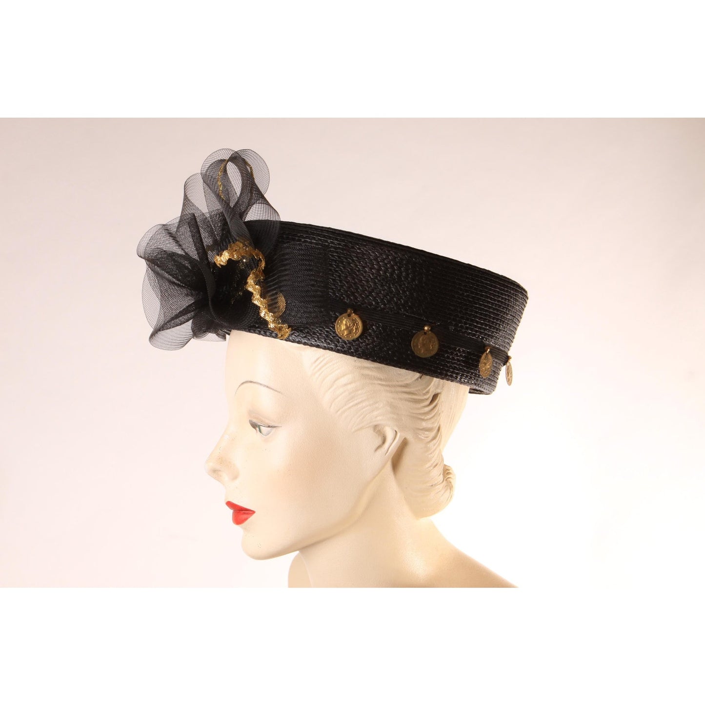 1980s Black and Gold Novelty Coin Avant Garde Pillbox Hat by Ethel Cross