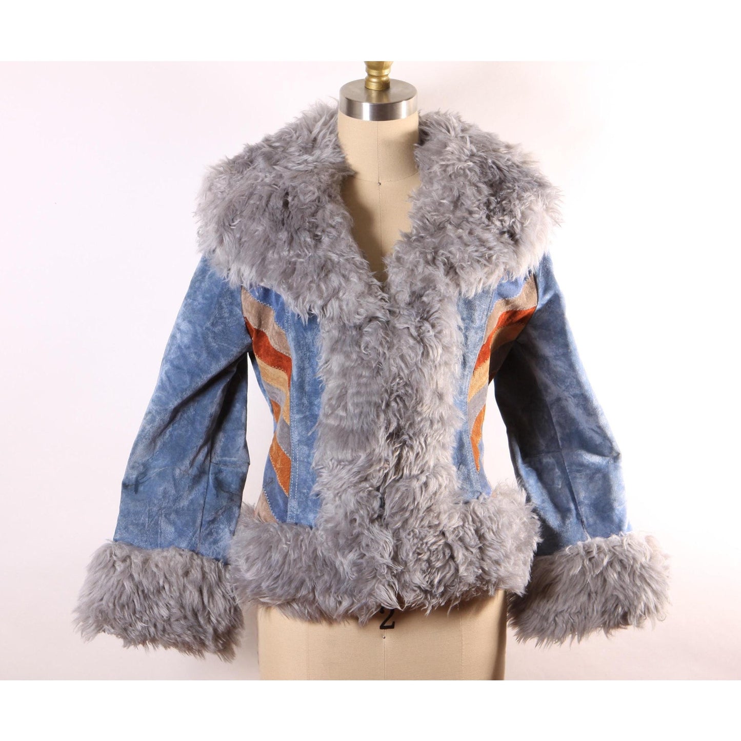 1970s Blue, Brown and Tan Velveteen Striped Faux Fur Trim Waist Length Penny Lane Coat