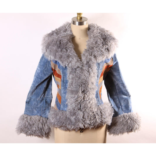 1970s Blue, Brown and Tan Velveteen Striped Faux Fur Trim Waist Length Penny Lane Coat