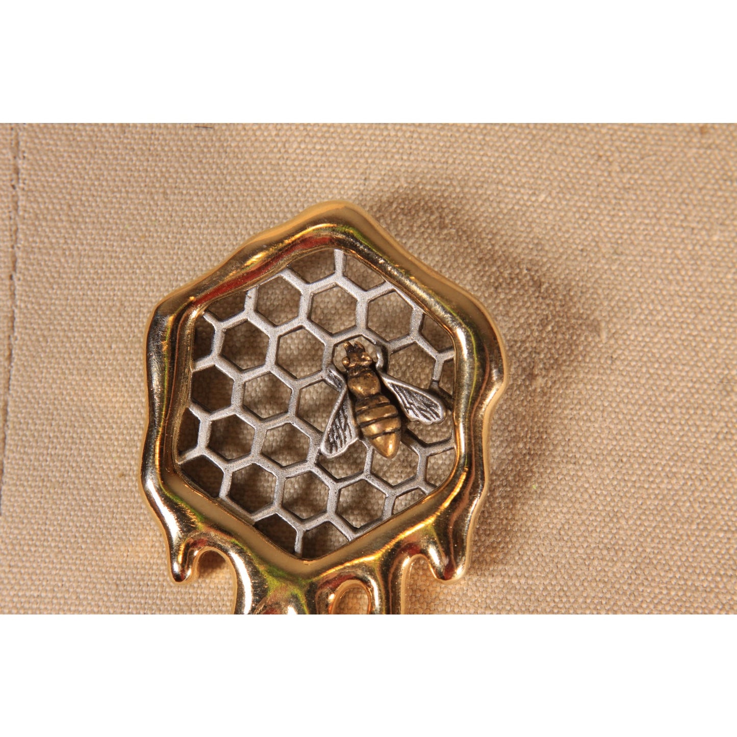 1980s Gold Tone and Silver Tone Metal Novelty Honey Beehive Bee Brooch