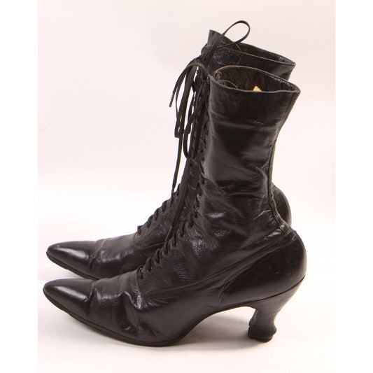 Antique 1800s Victorian Black Leather Lace Up High Heel Boots
