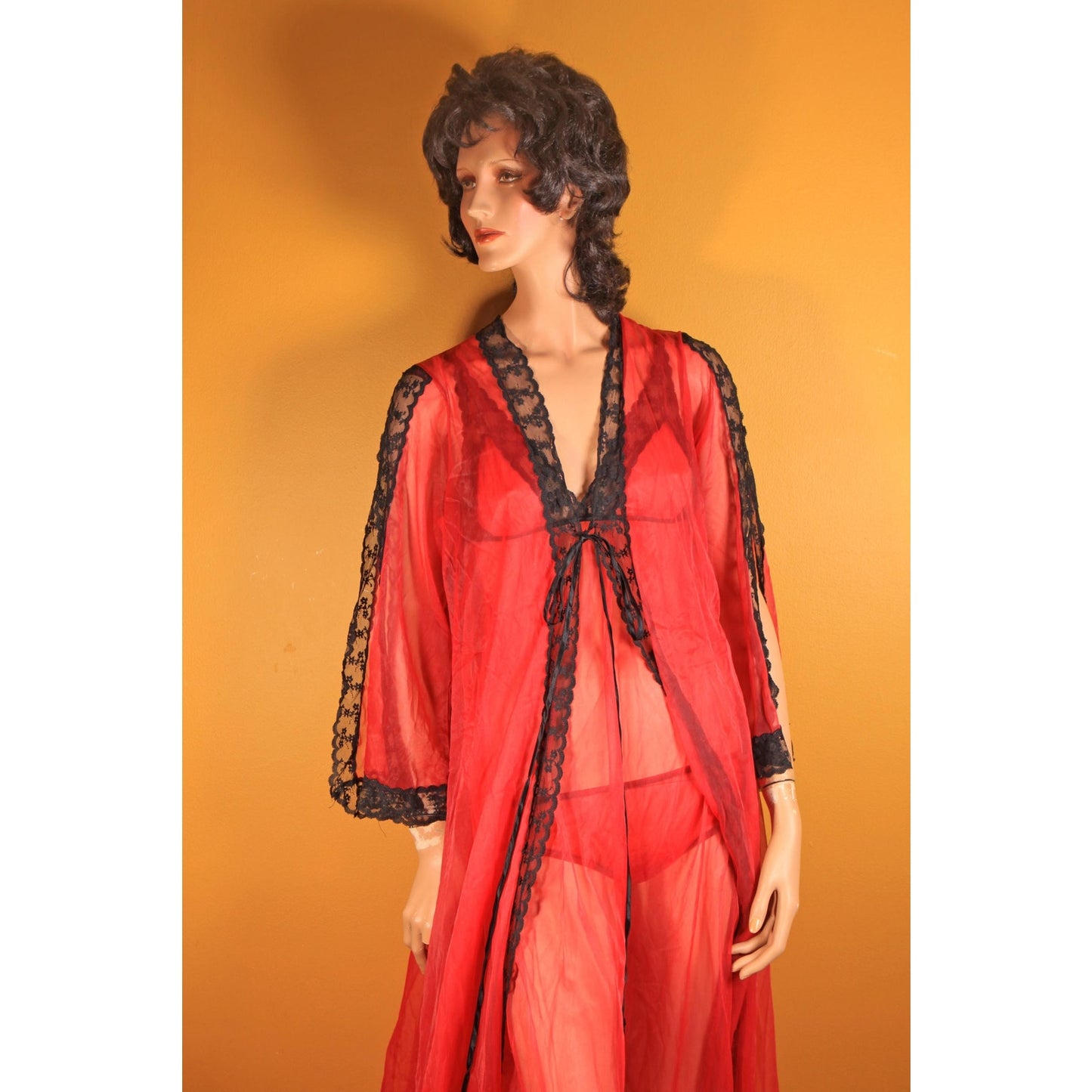 1960s Red and Black Open Side Night Gown with Matching Panties and Open Sleeve Robe Three Piece Lingerie Set