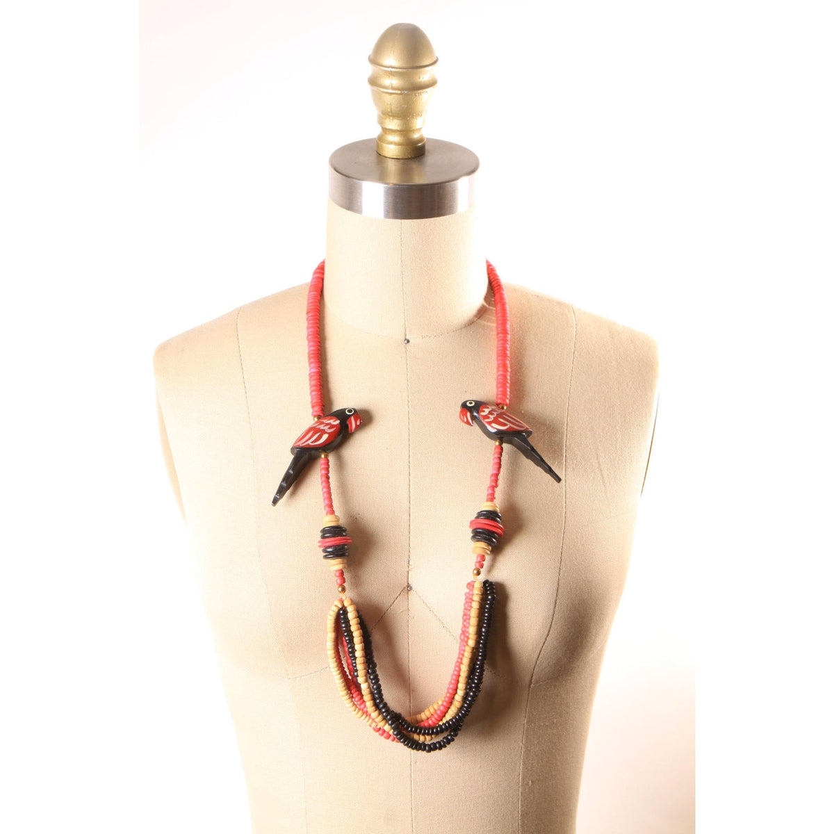 1970s 1980s Red, Black and Tan Wood Beaded Novelty Parrot Necklace