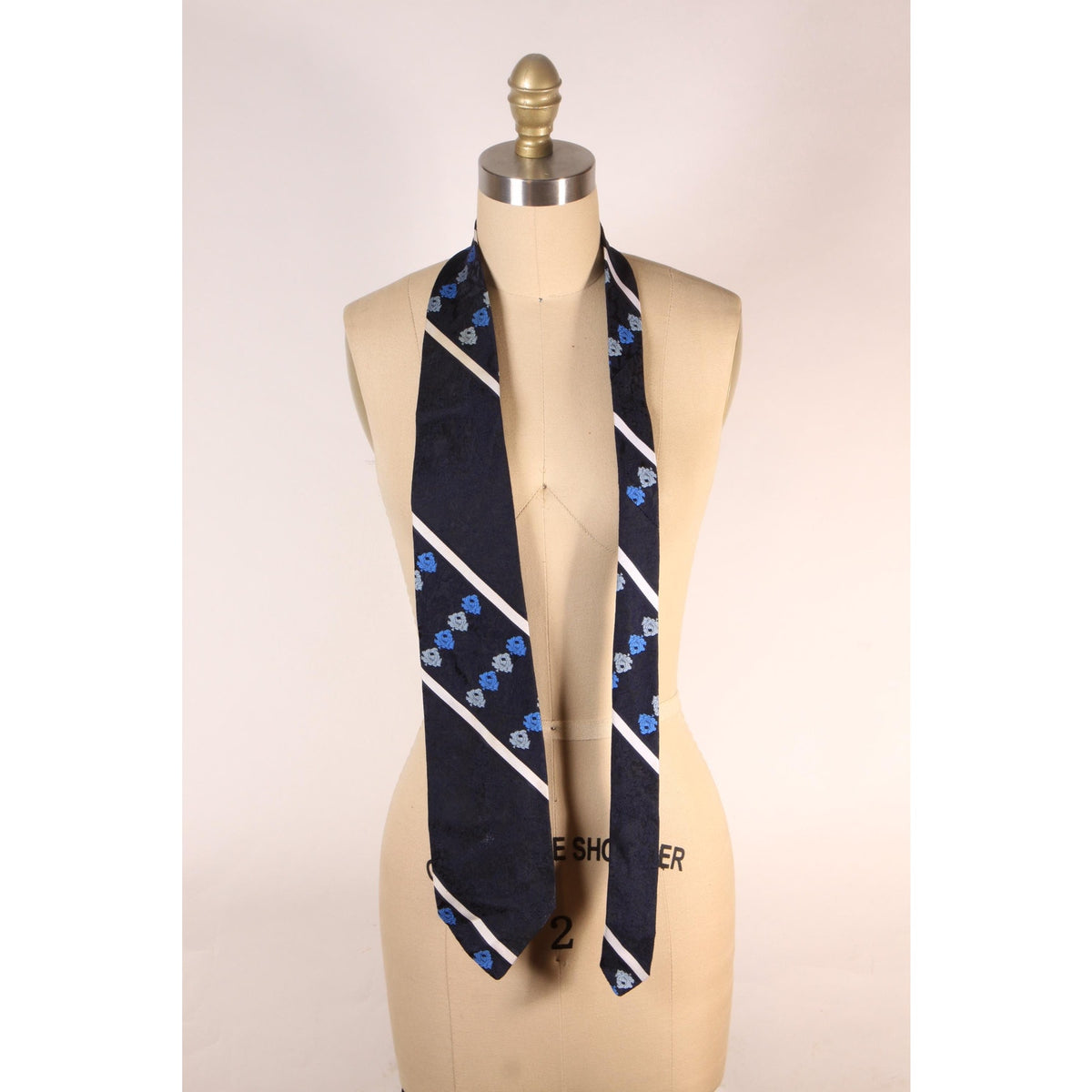 1970s Navy Blue, Light Blue and White Polyester Striped Patterned Necktie Tie by Brittania