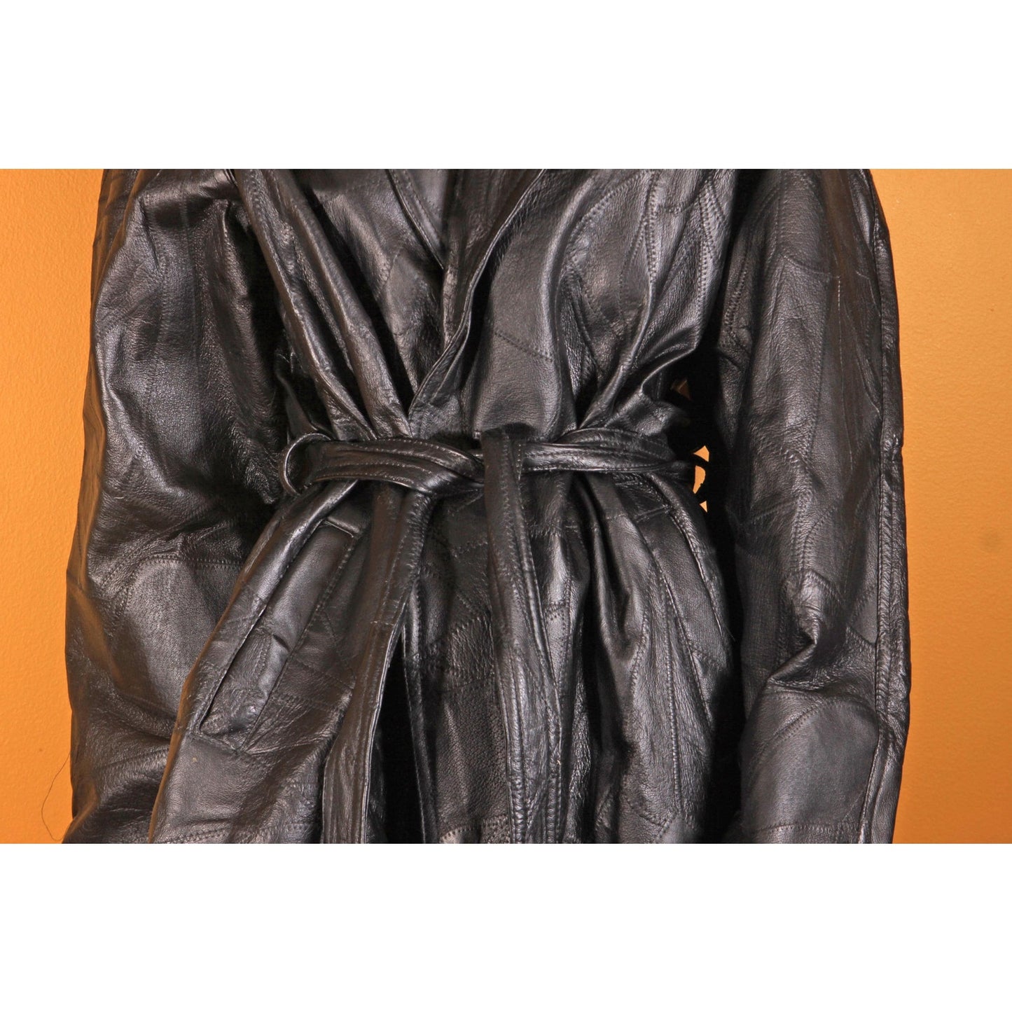 1980s Black Leather Patchwork Long Sleeve Coat - XXL