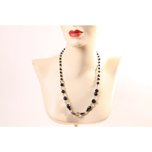 1950s Black and Clear Glass Faceted Beaded Necklace