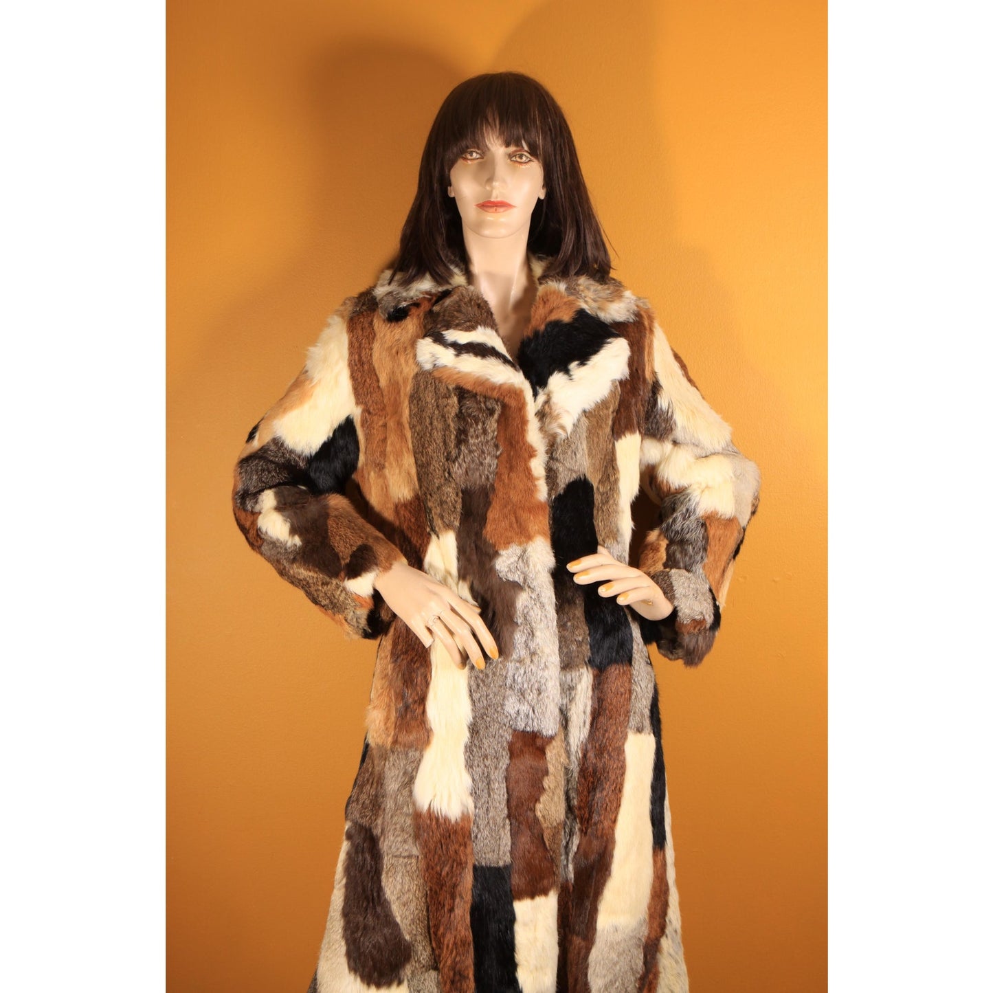 1970s Multi-Colored Patchwork Rabbit Fur Long Sleeve Penny Lane Coat by Mademoiselle Furs -M