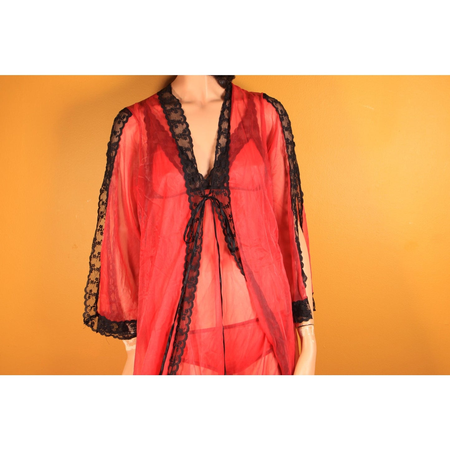1960s Red and Black Open Side Night Gown with Matching Panties and Open Sleeve Robe Three Piece Lingerie Set
