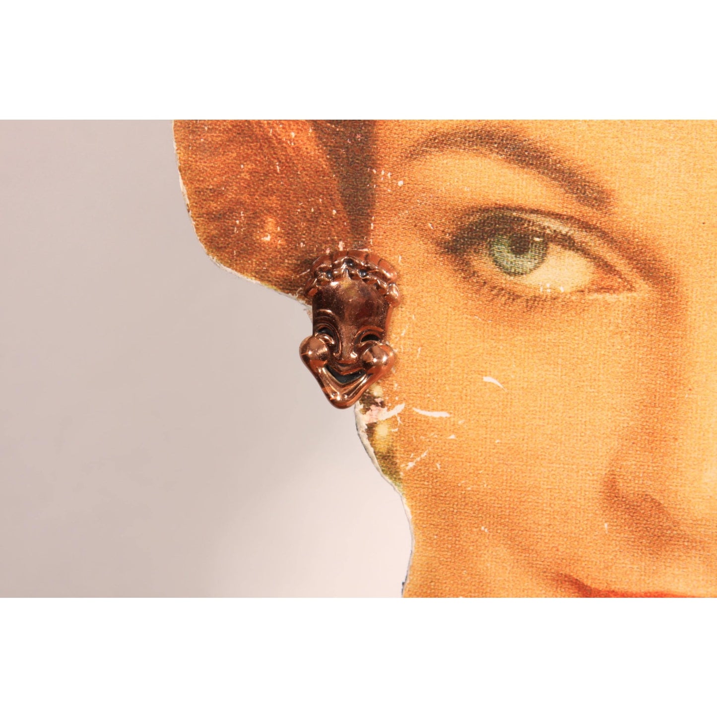 1950s Novelty Comedy and Tragedy Mask Copper Clip On Earrings by Renoir