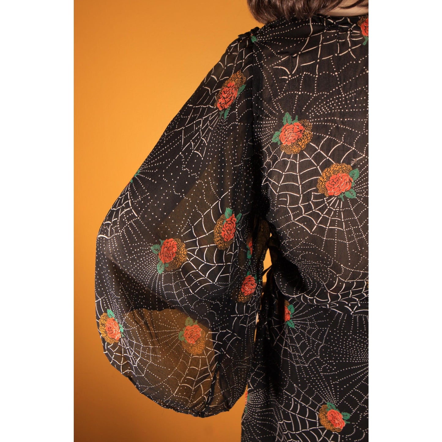 1970s Black, White and Red Novelty Spiderweb and Roses Print Sheer Dress by Saba -S
