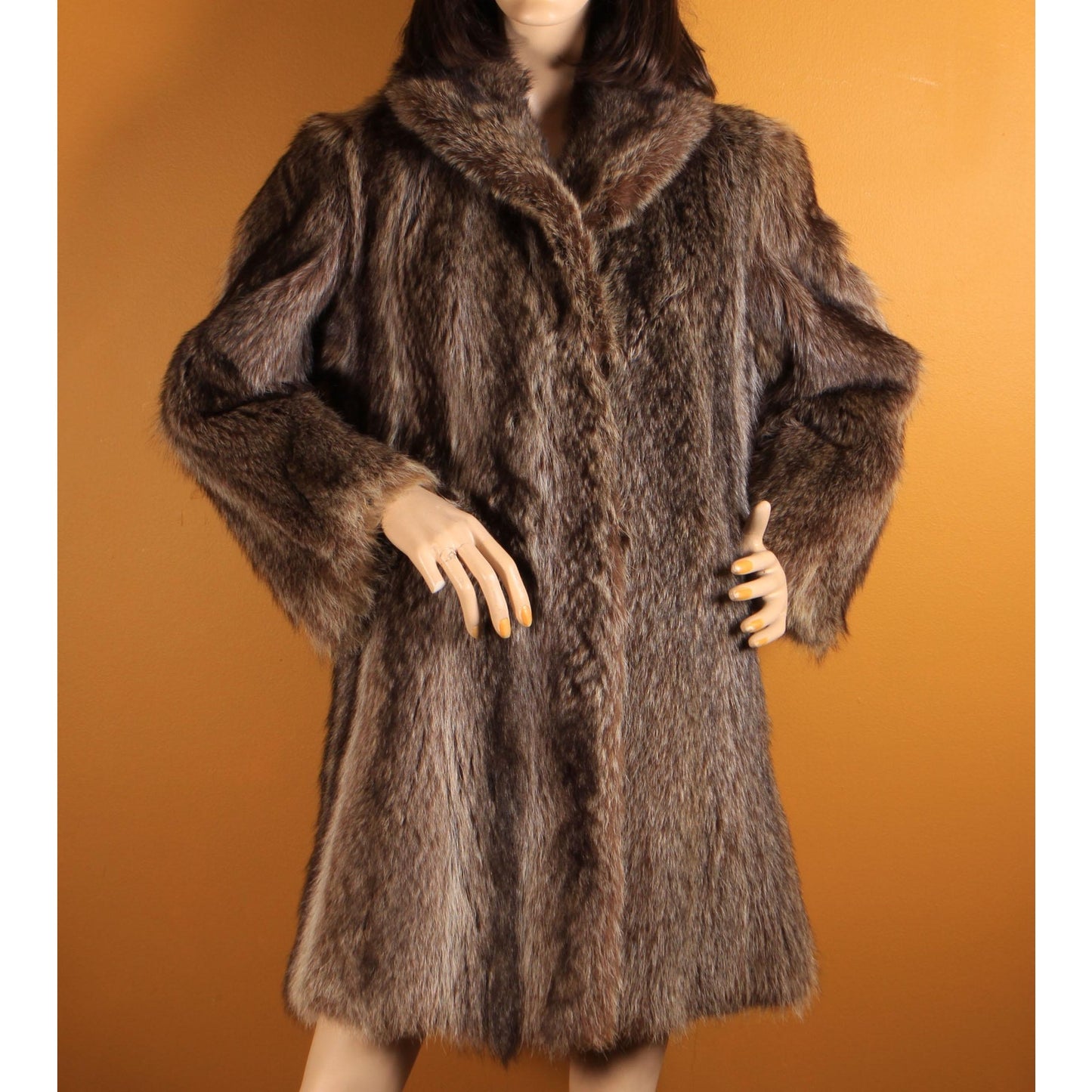 1970s Gray and Black Long Sleeve Raccoon Fur Coat -XL