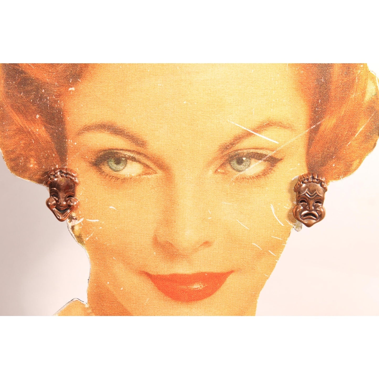 1950s Novelty Comedy and Tragedy Mask Copper Clip On Earrings by Renoir