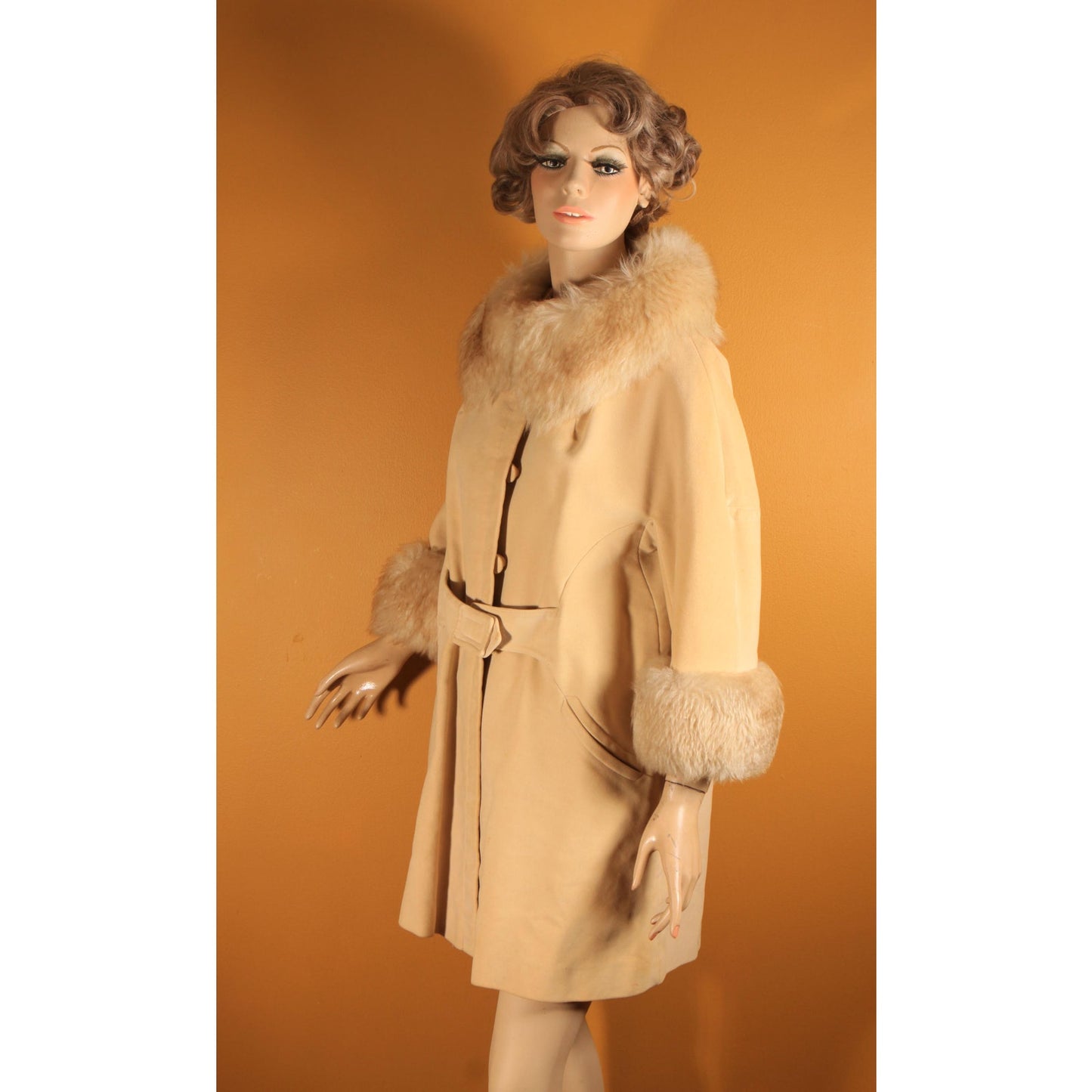 1960s Cream Tan Velvet Bracelet Sleeve Shearling Cuff and Collar Belted Coat by Country Pacer -M-L