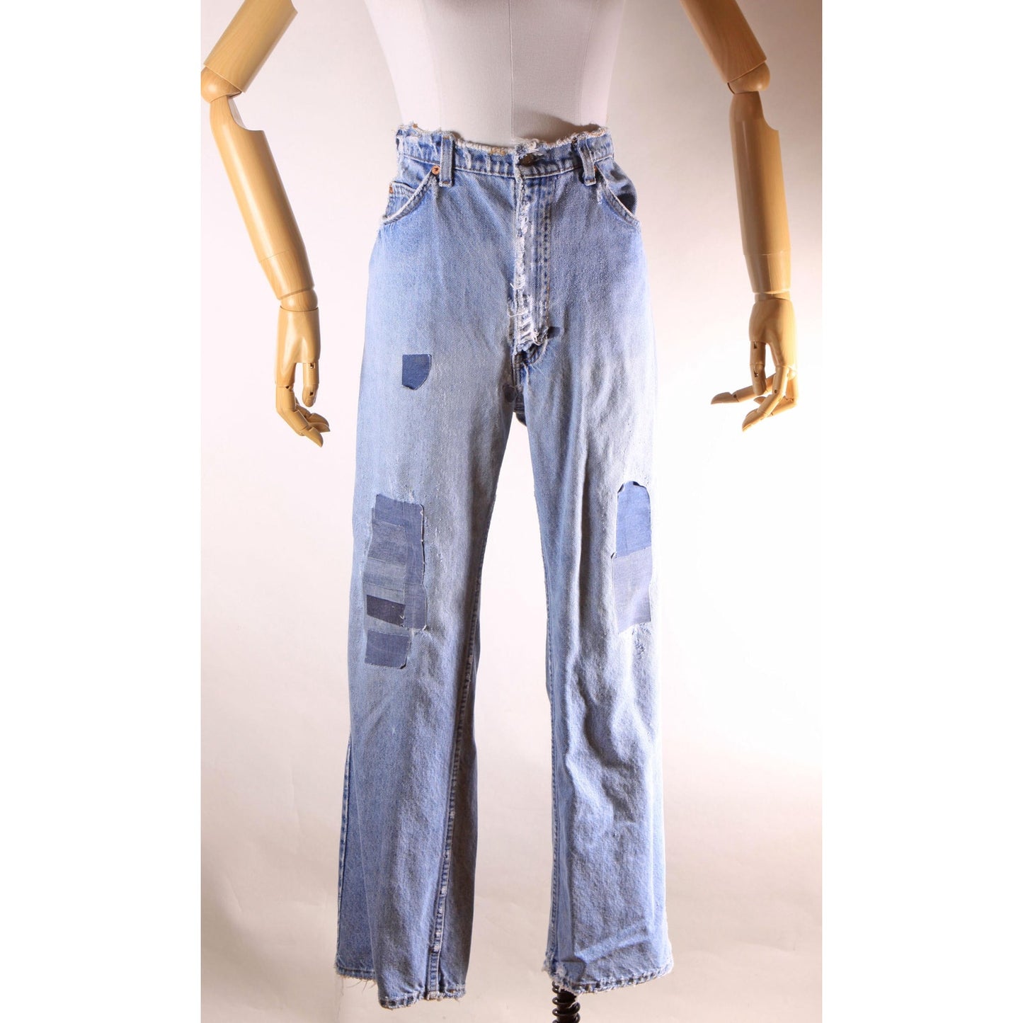 1980s Distressed Patch Fraying Blue Denim Orange Tab 517 Jeans by Levi's -38x30