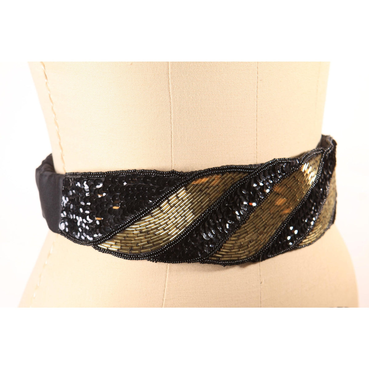 1980s Black and Gold Sequin and Beaded Cummerbund Belt