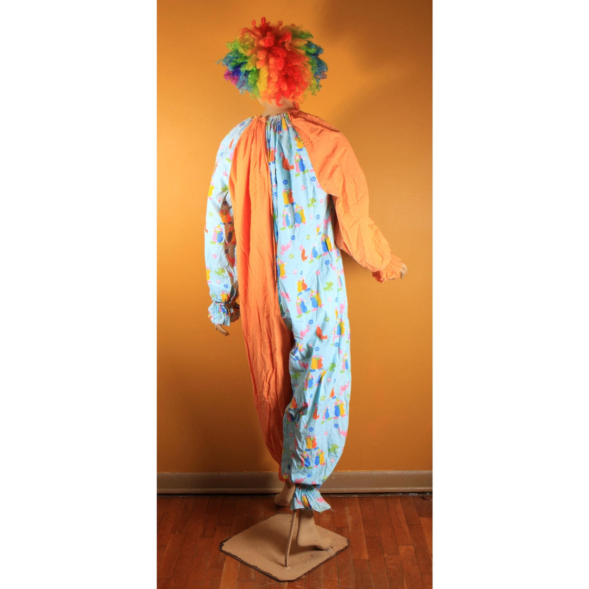 1960s Orange Blue Multi-Colored Novelty Clown Circus Print One Piece Clown Costume