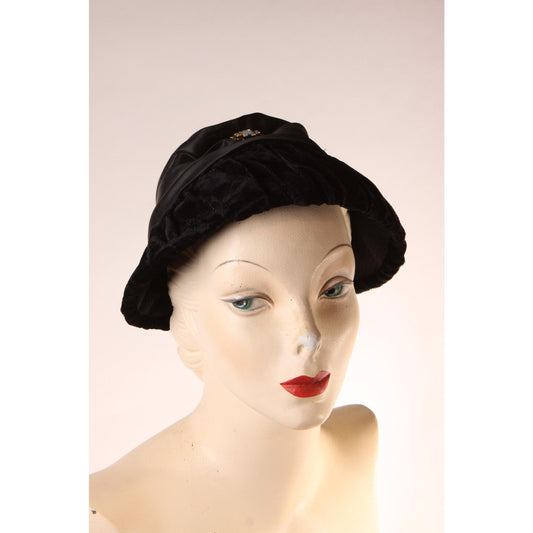1960s Black Velvet Rhinestone Detail Formal Mushroom Hat