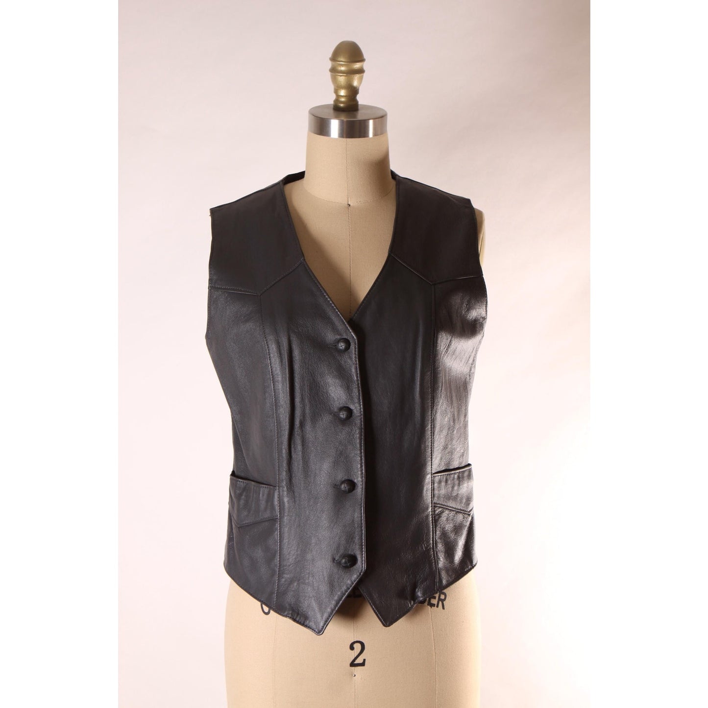 1970s Dark Gray Leather Button Down Pocketed Western Vest by Trego's Westwear Inc. -S-M