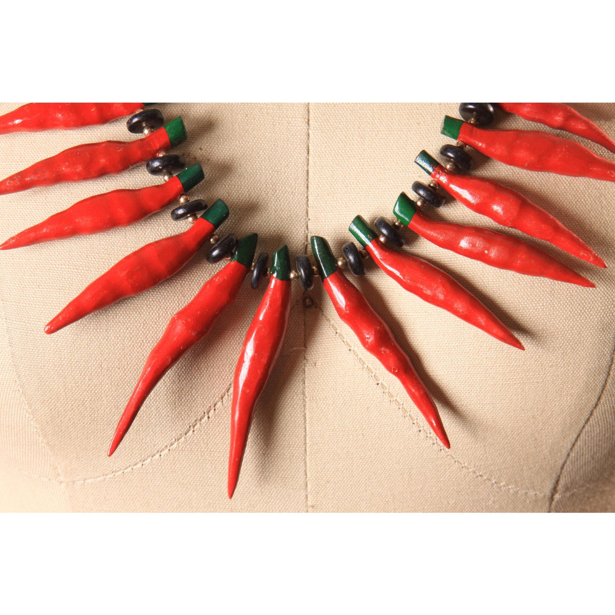 1970s 1980s Black and Red Wood Beaded Novelty Hot Chili Peppers Necklace