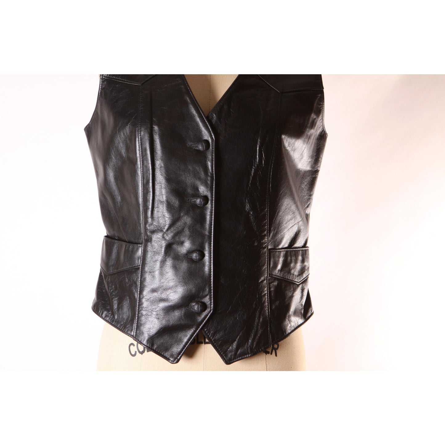 1970s Black Leather Button Down Pocketed Western Vest by Tony Lama -S-M