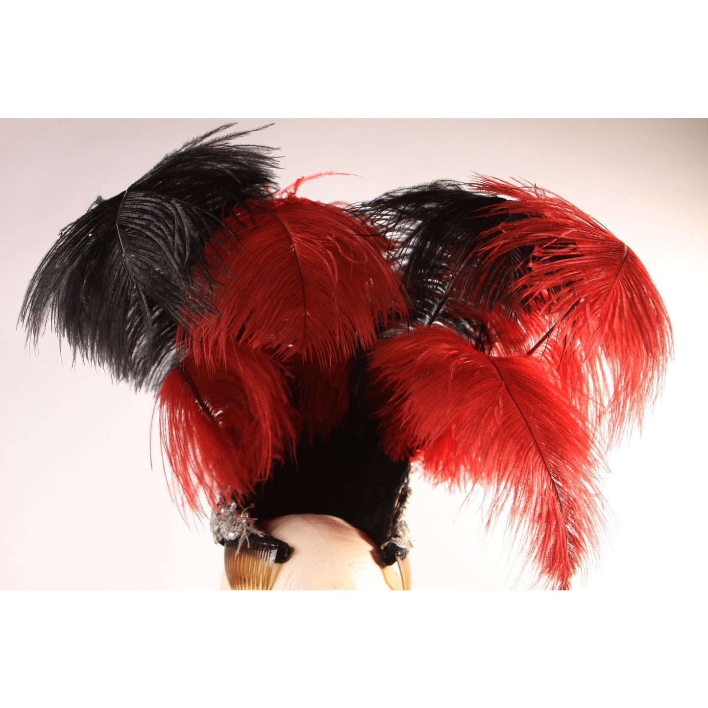 1970s Red and Black Costume Showgirl Burlesque Feather Sequin Headdress Headpiece Hat