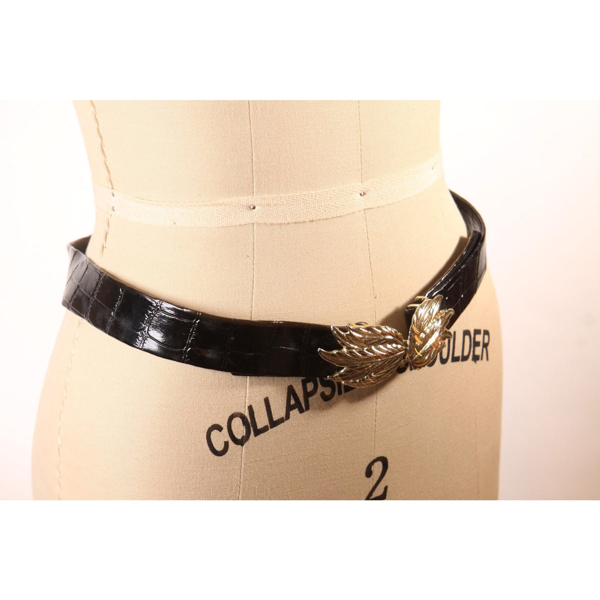 1980s Black Reptile Pattern and Gold Tone Leaf Fan Shape Belt