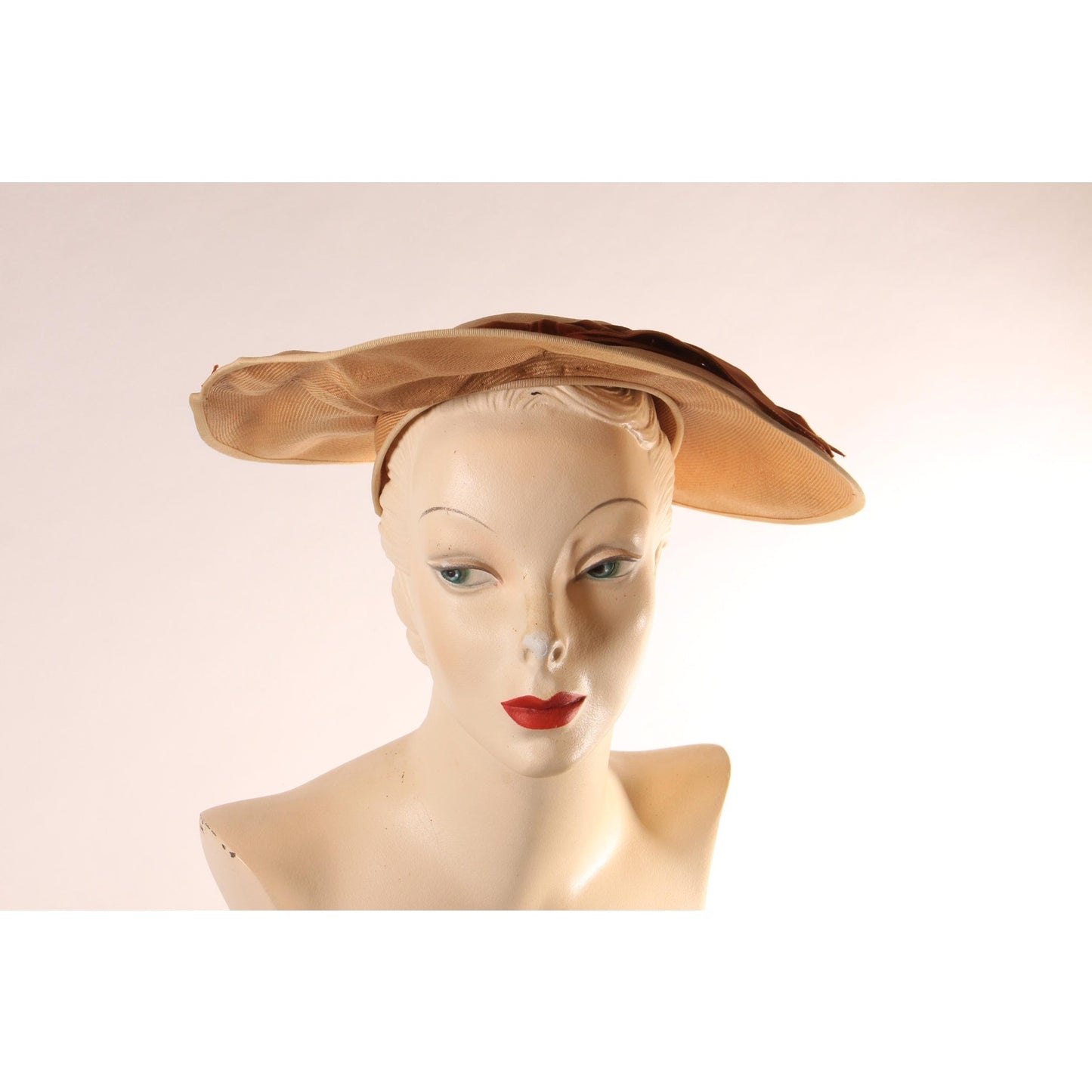 1940s Tan Straw Hat with Brown Velvet Bow Formal Wide Brim Sun Hat by Lady Beatrice Model