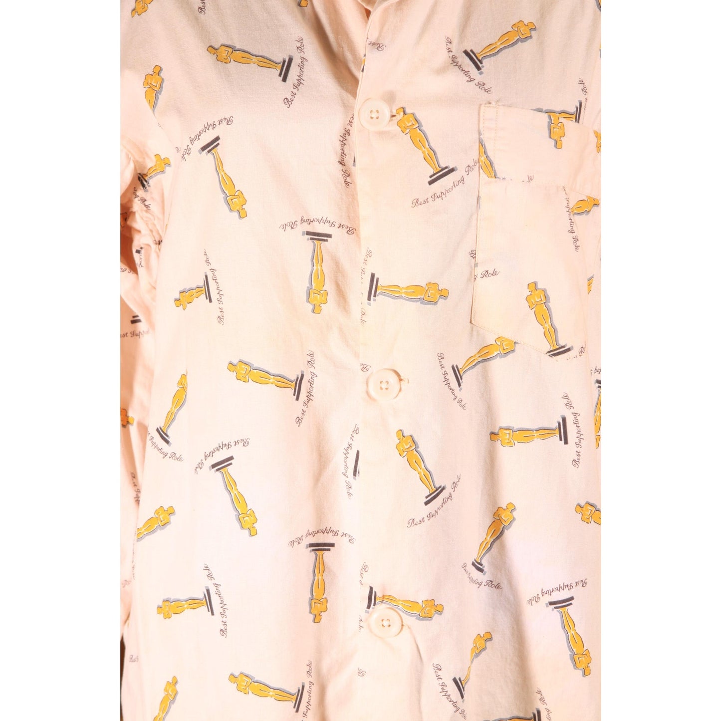 1950s Novelty Cream Pink, Gold and Black Best Supporting Role Oscar Mens Pajama Top by Pleetway - XL