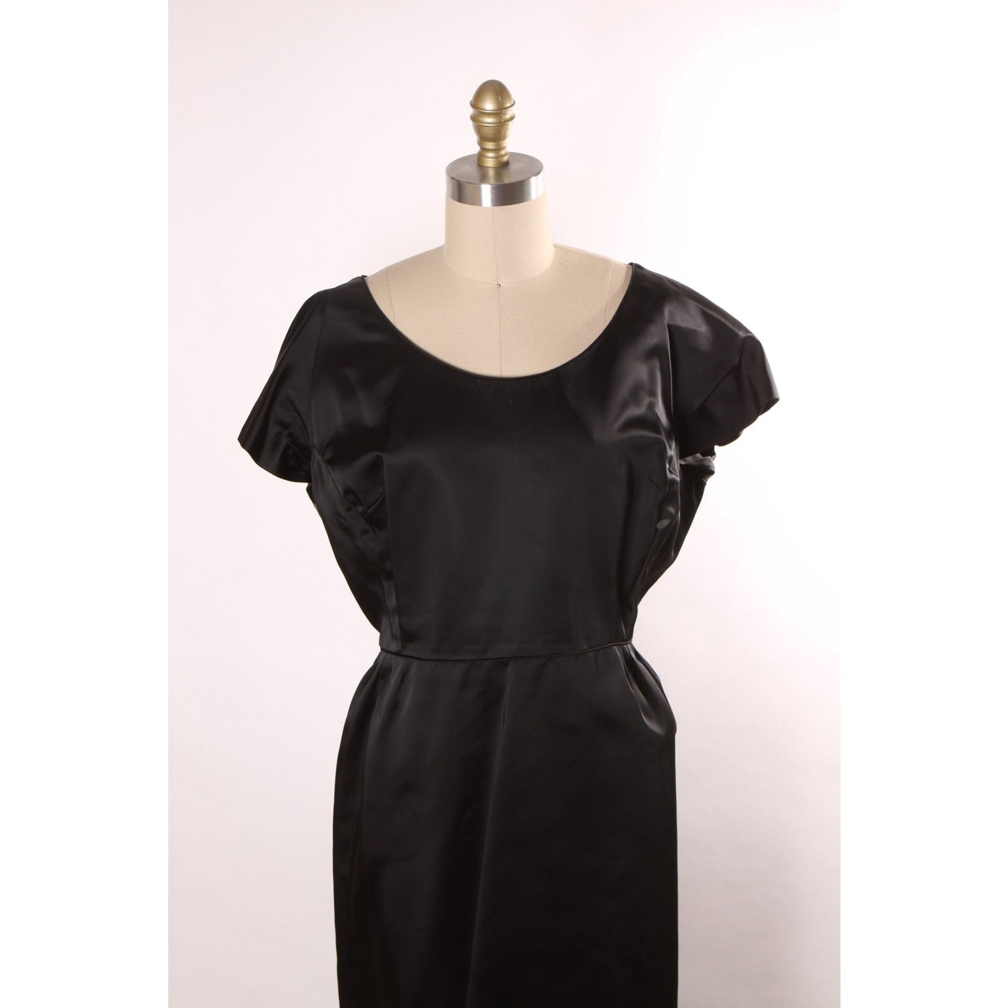 1960s Black Satin Short Sleeve Full Length Dress -XL