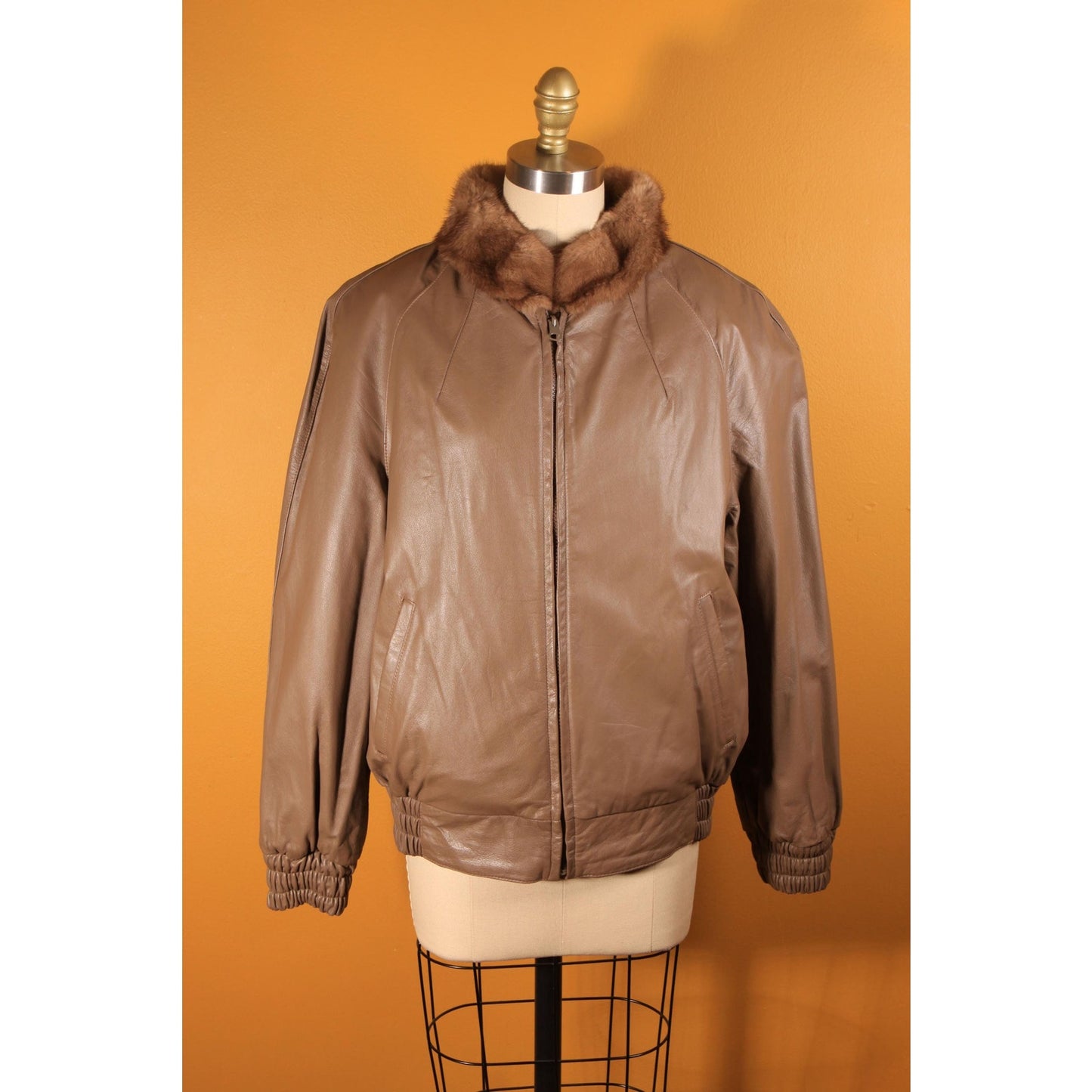 1980s Brown Mink Fur and Tan Leather Reversible Bomber Jacket Coat -M-L