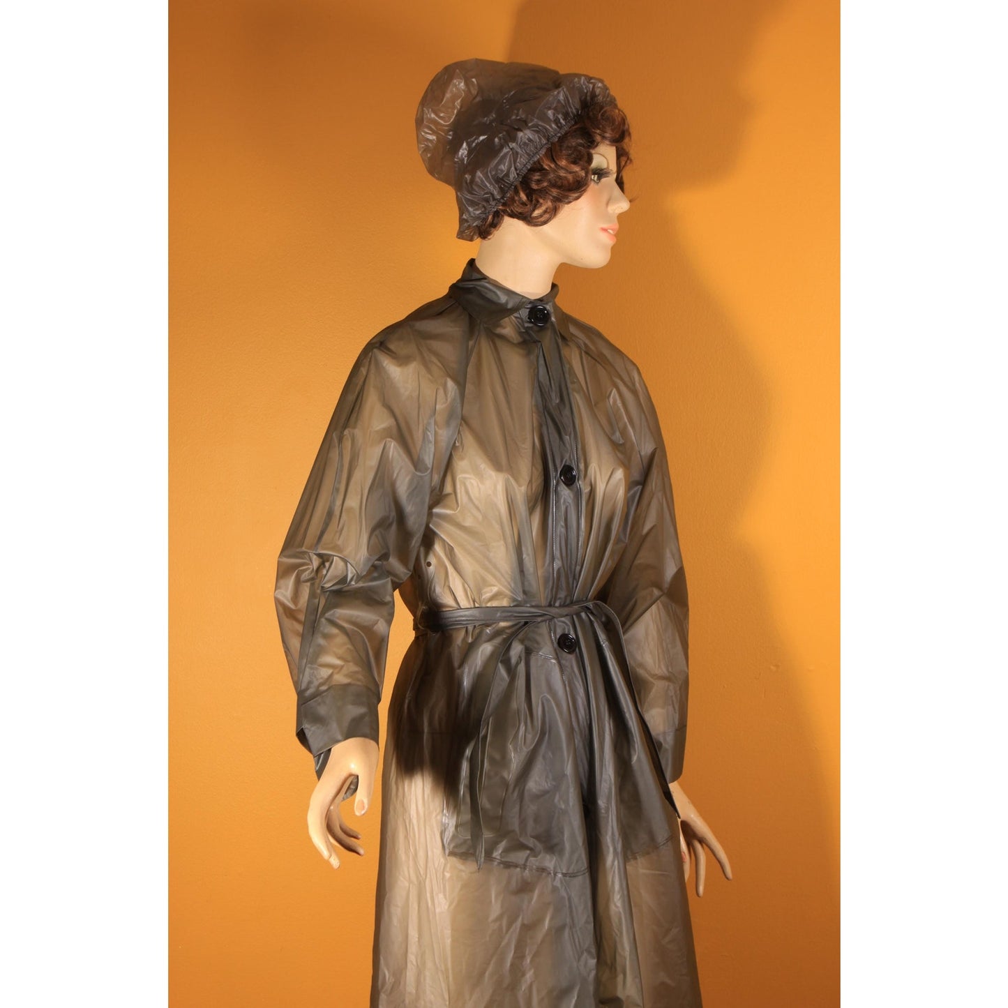 1950s 1960s See Through Gray Button Down Belted Raincoat with Matching Rain Bonnet by Aqua Sheen by Exylin -S